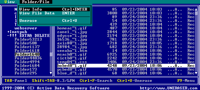 Undelete files by UNERASER for DOS