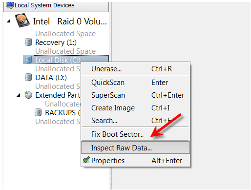 Inspect file headers and disk data