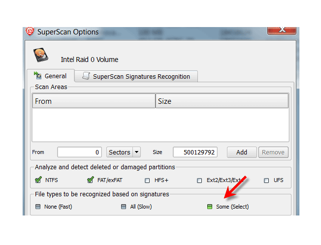 Undelete files: SuperScan options screenshot