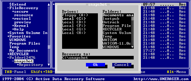 Undelete files by UNERASER for DOS. Unerasing deleted folders