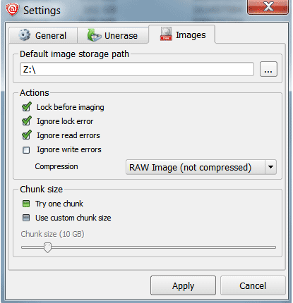Disk image creation default options