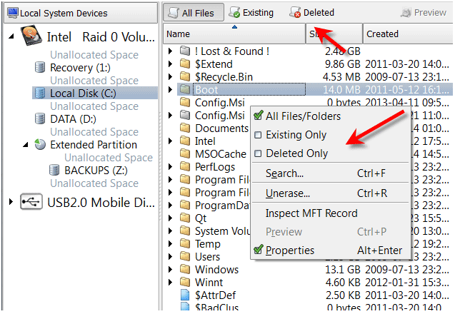 Uneraser software: Search deleted folders