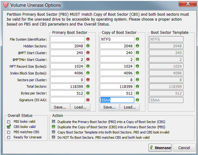 Manual mode for Volume Boot Sector Recovery